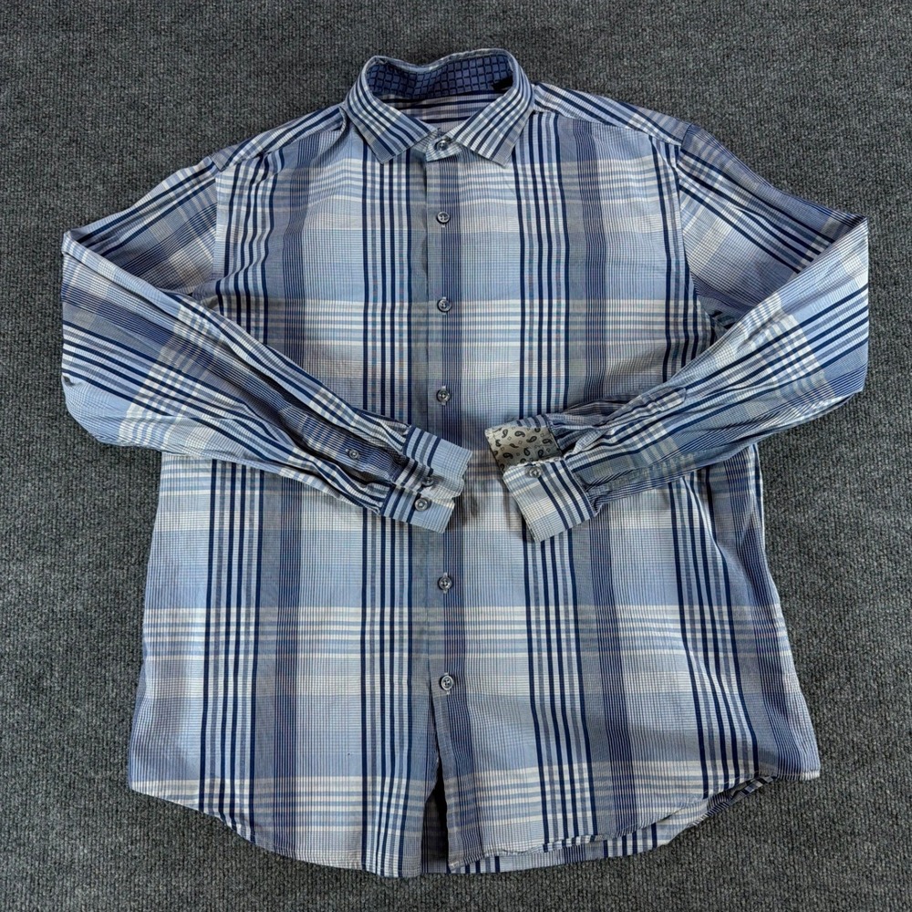 Tasso Elba Mens Blue White Plaid Long Sleeve‎ Button Down Shirt Large 16-16.5